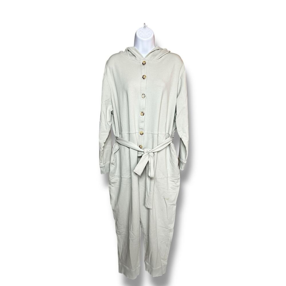 Encore by Idina Menzel Petite French Terry Hooded Jumpsuit Sage Green XL